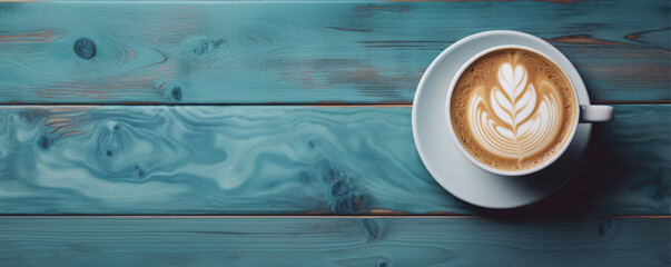 Top view of matcha latte on wooden background in blue color.