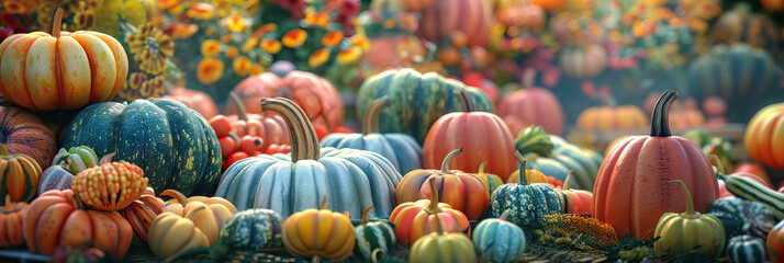 Colorful autumn pumpkins and gourds at farmer's market. Harvest and abundance - obrazy, fototapety, plakaty