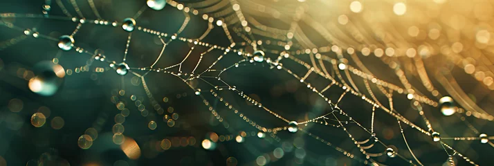Fotobehang Close-up of dewdrops on spiderweb strands, evoking a sense of delicacy and intricacy © Lila Patel