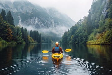 back of a male kayaker kayaking on a lake with a scene of peaks mountains and forest