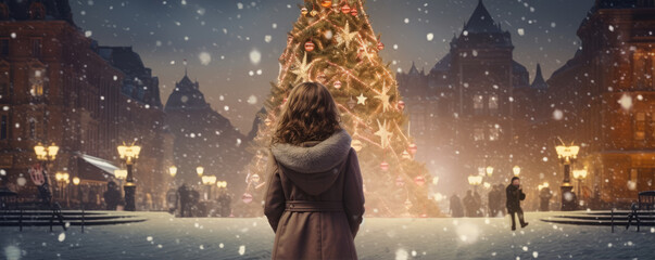 Rear view of girl standing at the city square and looking at Christmas tree in winter time, Christmas tree in evening snow city, - obrazy, fototapety, plakaty