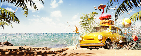 Summer travel concept. Yellow car emerging from sea water with summer accessories on beautiful sand beach. 3D Rendering, 3D Illustration - 767808764