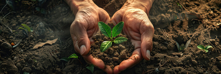 Close-up of hands planting sapling in fertile soil. Environmental conservation and growth - obrazy, fototapety, plakaty