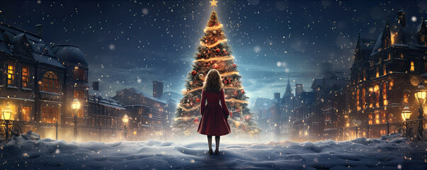 Rear view of girl standing at the city square and looking at Christmas tree in winter time, Christmas tree in evening snow city,