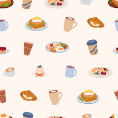 Seamless pattern of delicious meal. Toast, croissant, fried eggs, cheesecakes, desserts. Coffee drinks in different mugs. Food for breakfast or brunch. Flat vector background