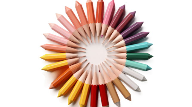 Radiant Spectrum: A Vivid Circle of Colored Pencils. On a White or Clear Surface PNG Transparent Background.