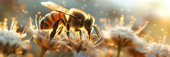 Close-up of bee collecting pollen from blooming flower. Nature and pollination - obrazy, fototapety, plakaty