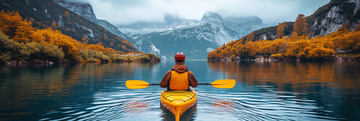 back of a male kayaker kayaking on a lake with a landscape of mountain and forests in autumn