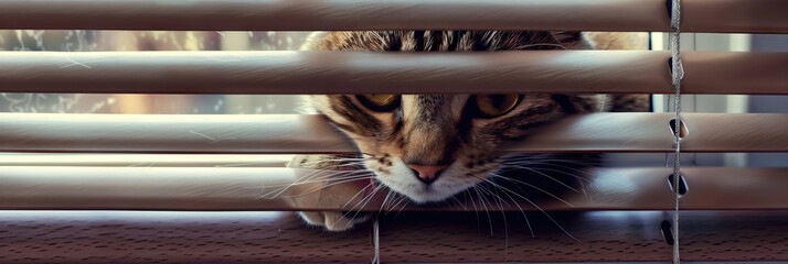 Cat peeking through window blinds with curious expression. Curiosity and observation