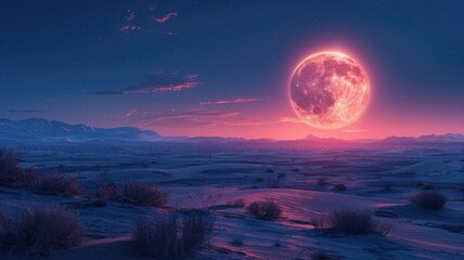 Majestic purple moon over a peaceful desert night - A tranquil landscape showcases a massive purple moon illuminating a serene desert, evoking wonder and calm - obrazy, fototapety, plakaty