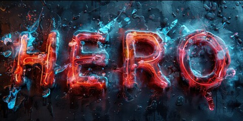 Neon HERO sign with blue and red lights - An impactful image showing the word HERO lit with neon lights, encapsulated in condensation