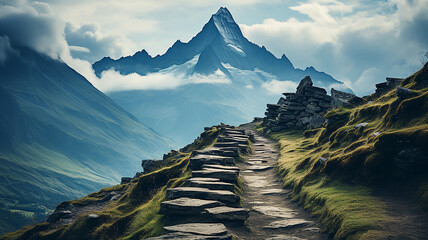 landscape in the mountains, old staircase way to the top of the mountain - obrazy, fototapety, plakaty