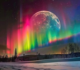 Surreal Northern Lights and giant moon - Dreamy landscape with vibrant Northern Lights arching over a snowy forest, and an oversized moon filling the sky