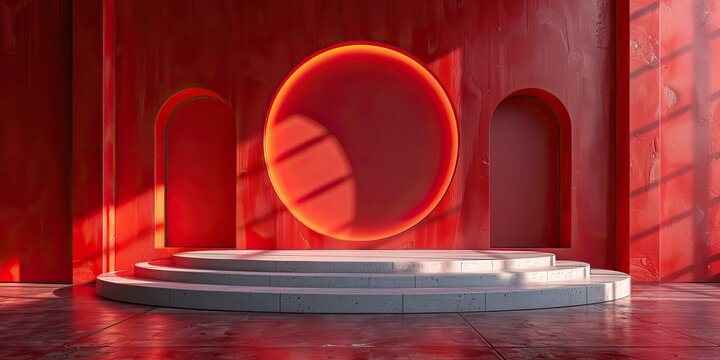Abstract 3d render, podium red and white theme geometric background design