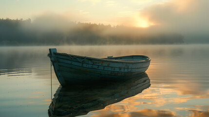 A boat on the lake in the morning