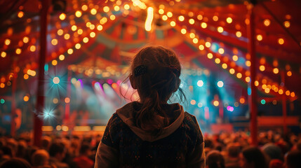 a photograph of a rear view kid children watching show on stage in circus carnival festive celebration in dome tent with crowd people inside exited lifestyle