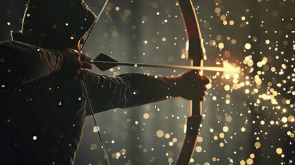 Archery - Compound Bow: An archer drawing a compound bow and aiming at a target - obrazy, fototapety, plakaty