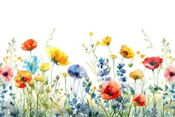 Watercolor meadow with colorful wildflowers - A beautiful watercolor illustration of a lush meadow blooming with vibrant wildflowers symbolizing growth and beauty