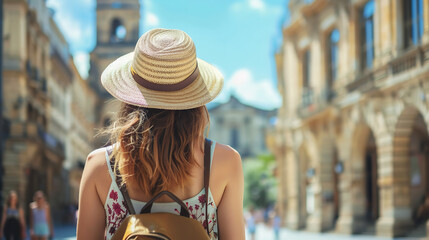 a photograph rear view of Female casual solo traveller roam alone woman summer casual dress summertime tour walking at famous destination landmark In Europe architecture 