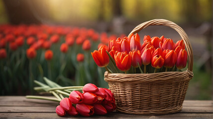 Spring tulips in a wicker basket  - 767810302