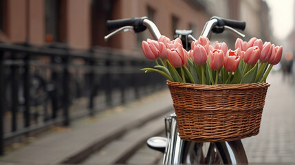 Bicycle basket full of beautiful spring tulips - obrazy, fototapety, plakaty