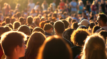 Crowd in the city, blurred people in an outdoor event, with a bokeh effect.  - obrazy, fototapety, plakaty