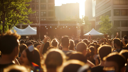 Crowd in the city, blurred people in an outdoor event, with a bokeh effect. 