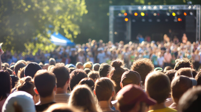Crowd in the city, blurred people in an outdoor event, with a bokeh effect. 
