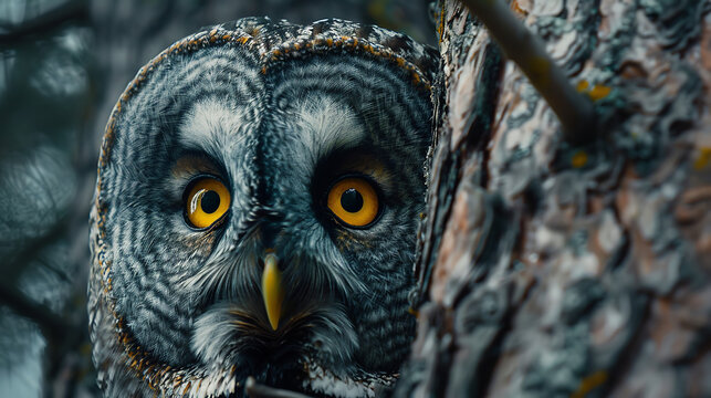 Detailed macro image of an owl face, with big bright yellow eyes