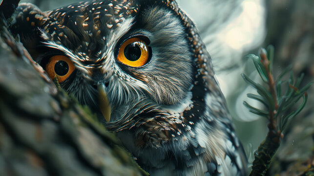 Detailed macro image of an owl face, with big bright yellow eyes
