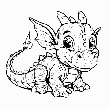 cartoon of a big cute dragan with a horn children coloring book page, white background