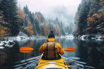 back of kayaker kayaking on lake in winter with a landscape of forests in snow