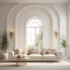 Cozy elegant sofa in spacious room with arch window.