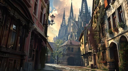 Fotobehang Standing on the cobblestone streets of an old European town, gazing up at the towering medieval cathedral with its intricate spires reaching towards the sky. © ZQ Art Gallery 