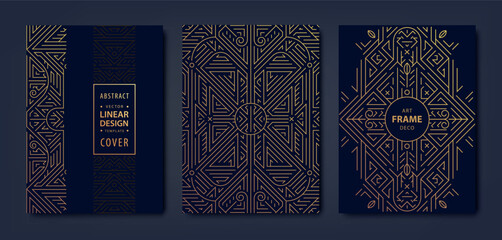 Vector set of art deco frame patterns, gold line design labels. Luxury geometric covers, vintage background, premium templates.