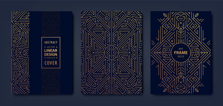 Vector set of art deco frame patterns, gold line design labels. Luxury geometric covers, vintage background, premium templates.