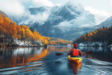 male kayaker kayaking on lake in autumn with a landscape of mountains and forests in the snow