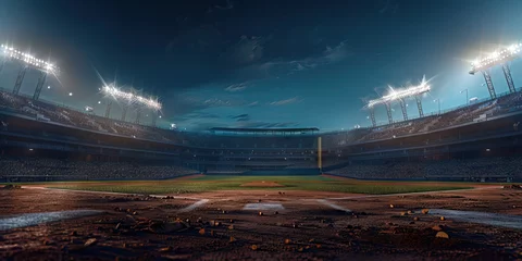 Fototapeten A panoramic view of the baseball field during a night game, with stadium lights illuminating the action © Lila Patel