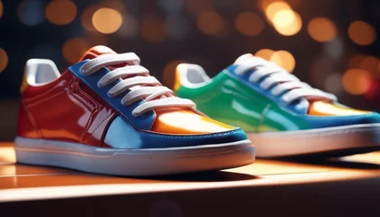 Foto op Canvas Colorful sneakers on display, their glossy finish reflecting ambient lights, suggest style and choice in modern urban fashion. © video rost
