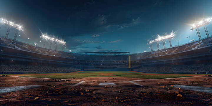 A panoramic view of the baseball field during a night game, with stadium lights illuminating the action
