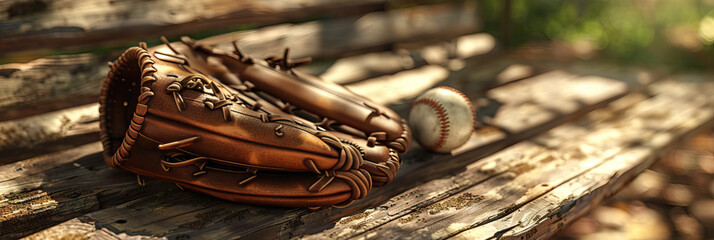A nostalgic image of a vintage baseball glove and ball on a wooden bench, evoking memories of the sport - obrazy, fototapety, plakaty