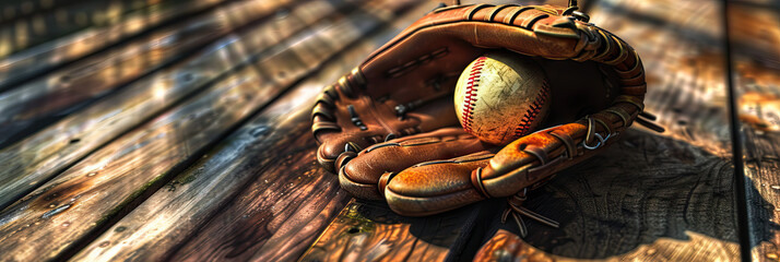 A nostalgic image of a vintage baseball glove and ball on a wooden bench, evoking memories of the sport - obrazy, fototapety, plakaty