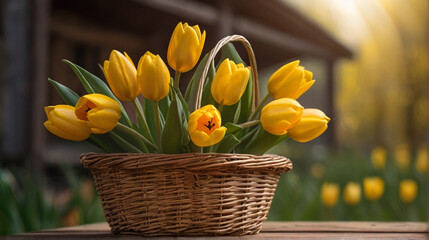 Spring tulips in a wicker basket  - 767811589