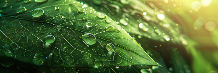 A macro shot of raindrops on a lush green leaf, symbolizing freshness and renewal.. 3D Rendering style illustration