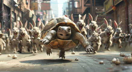 A cute tortoise running away from an army of rabbits 