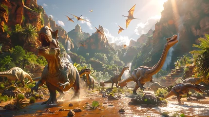 Foto op Aluminium Toilet Dinosaurs in an ancient world jungle landscape with mountains and waterfalls