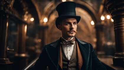 An elegant man in vintage aristocratic attire, including a top hat and tailcoat, stands regally in an ornate, old-world hall. - obrazy, fototapety, plakaty