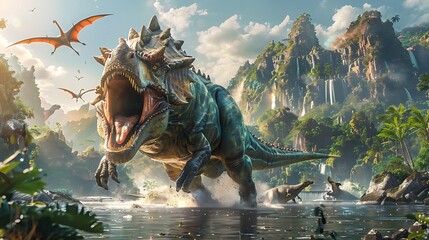 Obraz premium Dinosaurs in an ancient world jungle landscape with mountains and waterfalls