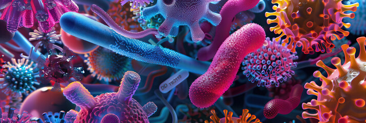 A 3D render of bacteria interacting with immune cells in the body, representing microbial defense mechanisms - obrazy, fototapety, plakaty