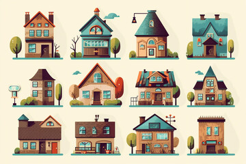 Set of houses.Cartoon house. Real estate for sale. A new two-story house with an attic.
